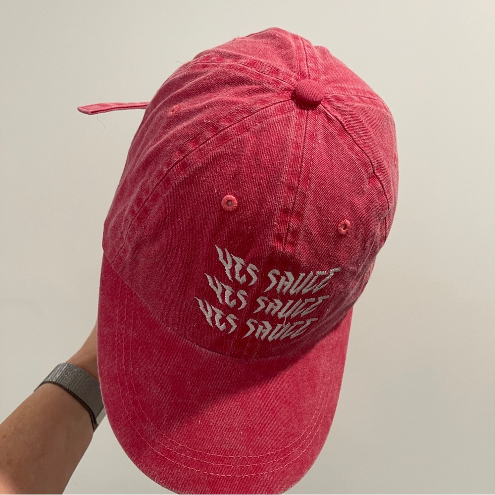 YES SAUCE pink red baseball hey cap adjustable buckle strap in back - Picture 8 of 9